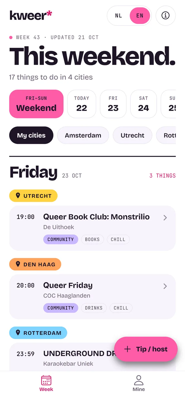 kweer app: what's on this weekend, by day and by city