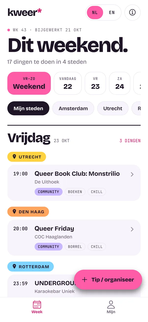 kweer-app: wat er dit weekend te doen is, per dag en per stad